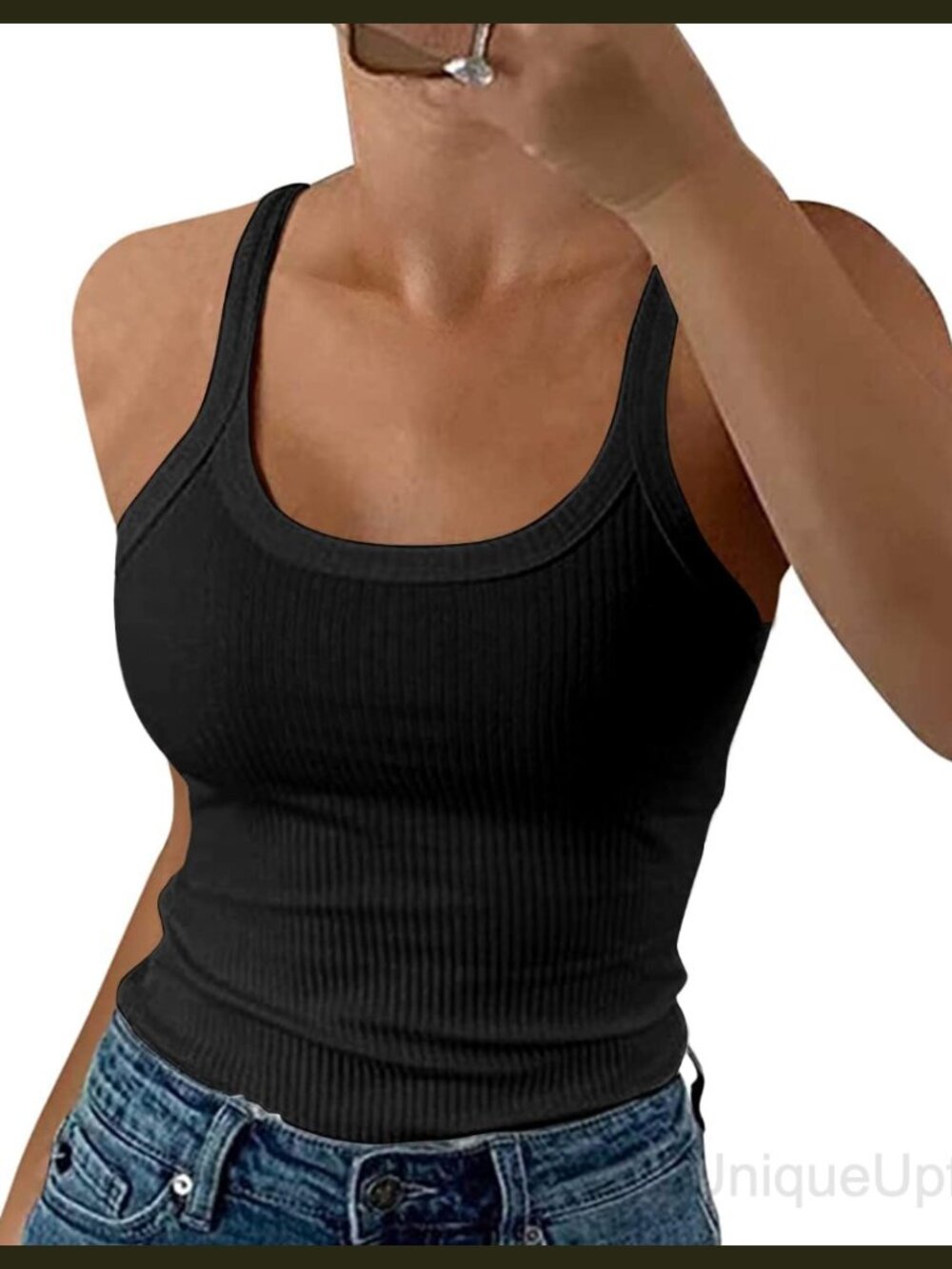 Women's Spaghetti Strap Ribbed Scoop Neck Fitted Cotton Camisole Tank Top